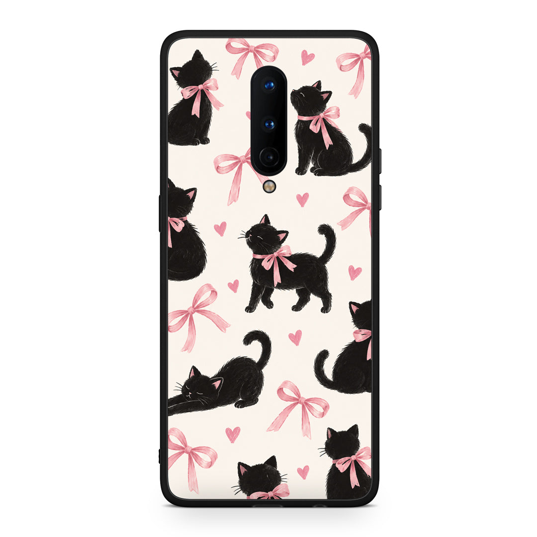 Θήκη OnePlus 8 Black Kittens and Pink Bows on Cream Large από τη Smartfits με σχέδιο στο πίσω μέρος και μαύρο περίβλημα | OnePlus 8 Black Kittens and Pink Bows on Cream Large case with colorful back and black bezels