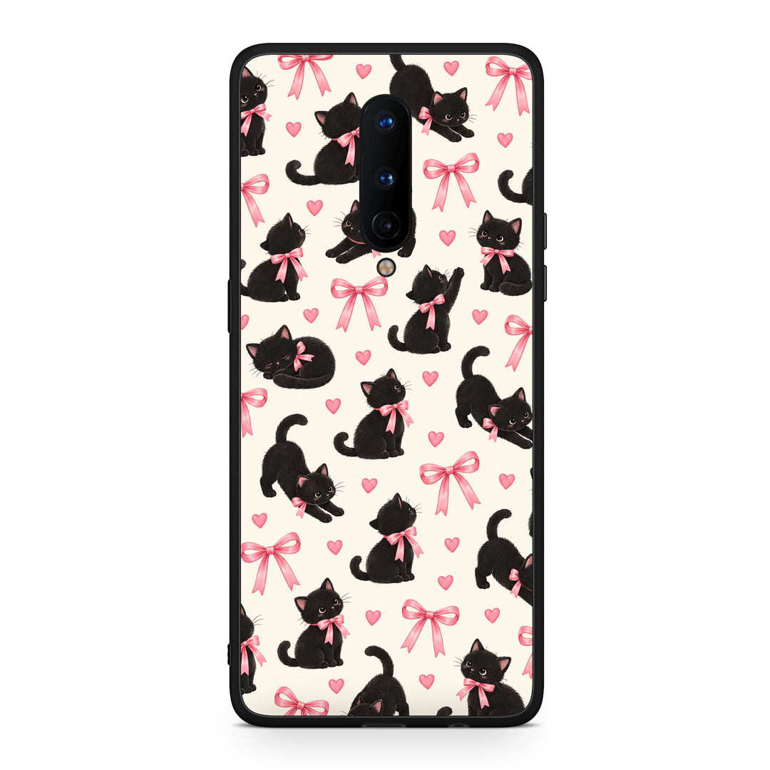 Θήκη OnePlus 8 Black Kittens and Pink Bows on Cream Small από τη Smartfits με σχέδιο στο πίσω μέρος και μαύρο περίβλημα | OnePlus 8 Black Kittens and Pink Bows on Cream Small case with colorful back and black bezels