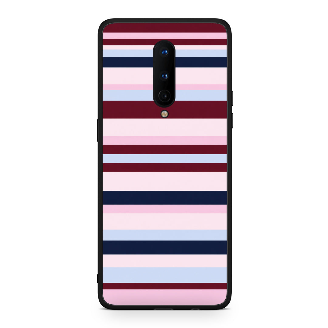 Θήκη OnePlus 8 Burgundy Pink and Blue Horizontal Stripes από τη Smartfits με σχέδιο στο πίσω μέρος και μαύρο περίβλημα | OnePlus 8 Burgundy Pink and Blue Horizontal Stripes case with colorful back and black bezels