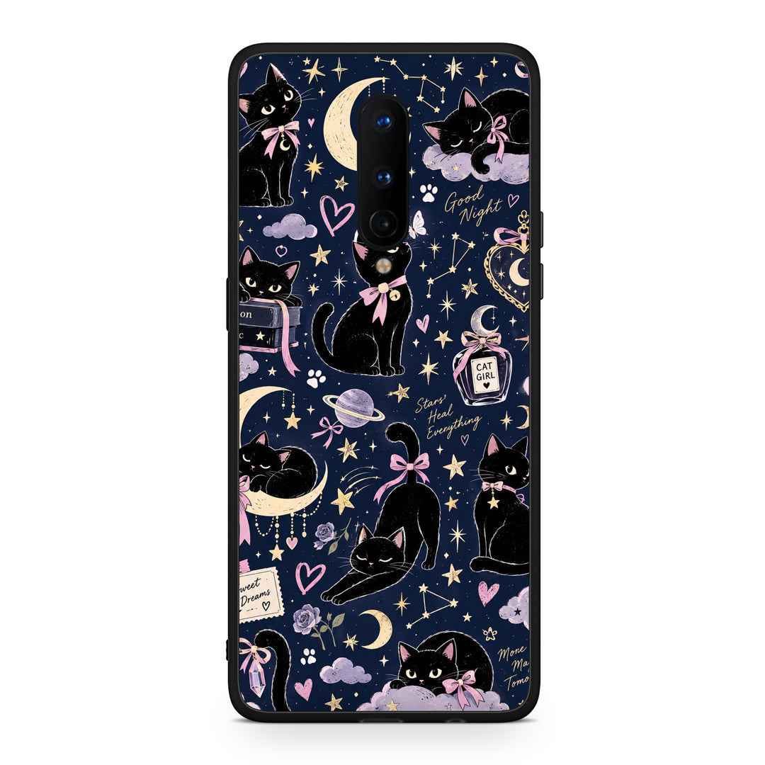 Θήκη OnePlus 8 Celestial Black Cats on Navy από τη Smartfits με σχέδιο στο πίσω μέρος και μαύρο περίβλημα | OnePlus 8 Celestial Black Cats on Navy case with colorful back and black bezels