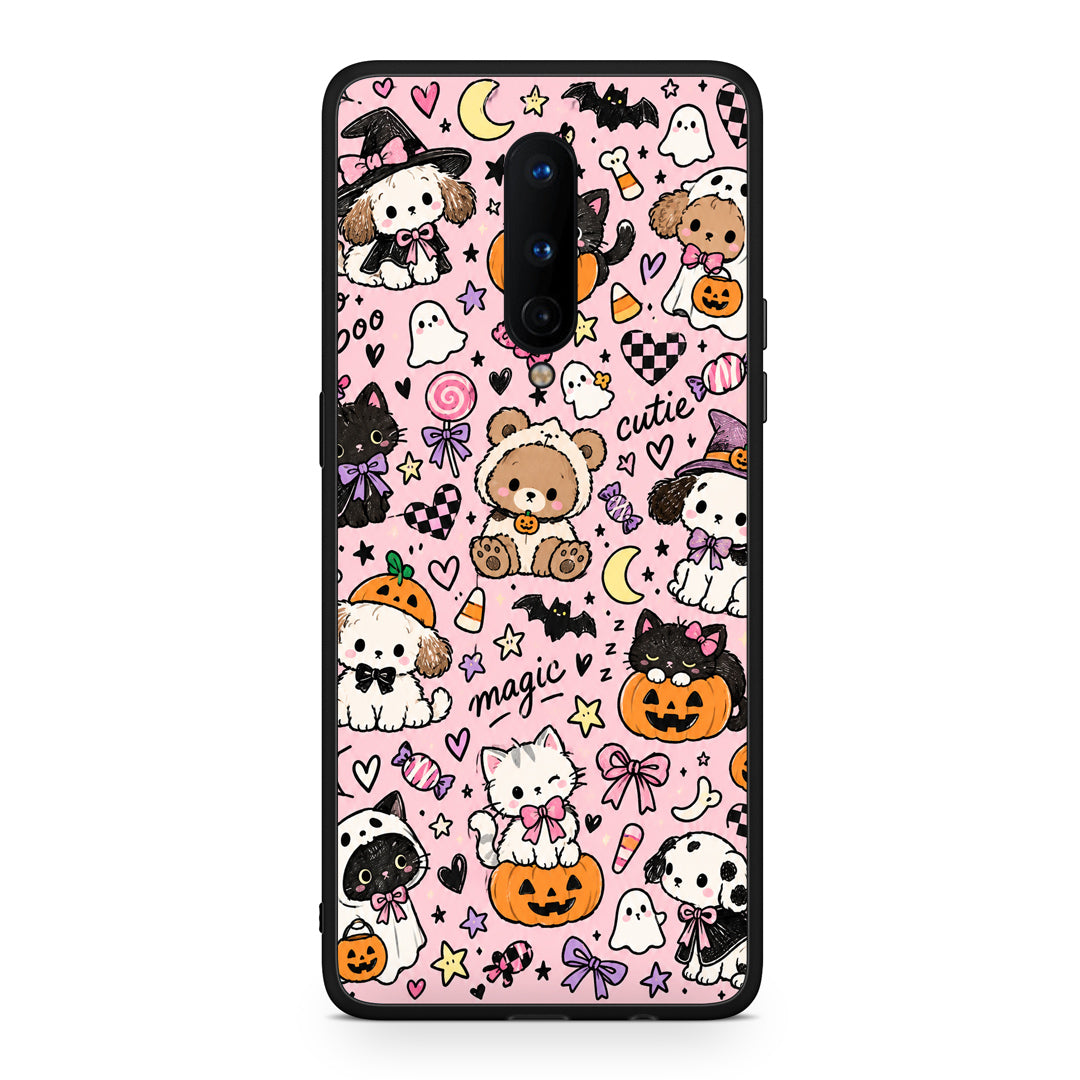 Θήκη OnePlus 8 Halloween Cute Animals on Pink από τη Smartfits με σχέδιο στο πίσω μέρος και μαύρο περίβλημα | OnePlus 8 Halloween Cute Animals on Pink case with colorful back and black bezels