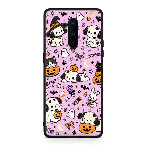 Θήκη OnePlus 8 Halloween Puppies and Friends on Lilac από τη Smartfits με σχέδιο στο πίσω μέρος και μαύρο περίβλημα | OnePlus 8 Halloween Puppies and Friends on Lilac case with colorful back and black bezels