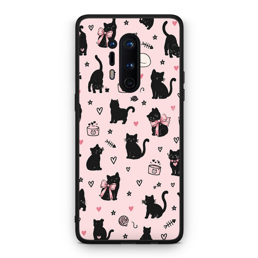 Θήκη OnePlus 8 Pro Black Cat Doodles on Pink από τη Smartfits με σχέδιο στο πίσω μέρος και μαύρο περίβλημα | OnePlus 8 Pro Black Cat Doodles on Pink case with colorful back and black bezels