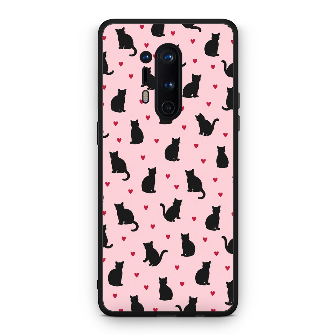 Θήκη OnePlus 8 Pro Black Cat Silhouettes and Hearts on Pink από τη Smartfits με σχέδιο στο πίσω μέρος και μαύρο περίβλημα | OnePlus 8 Pro Black Cat Silhouettes and Hearts on Pink case with colorful back and black bezels