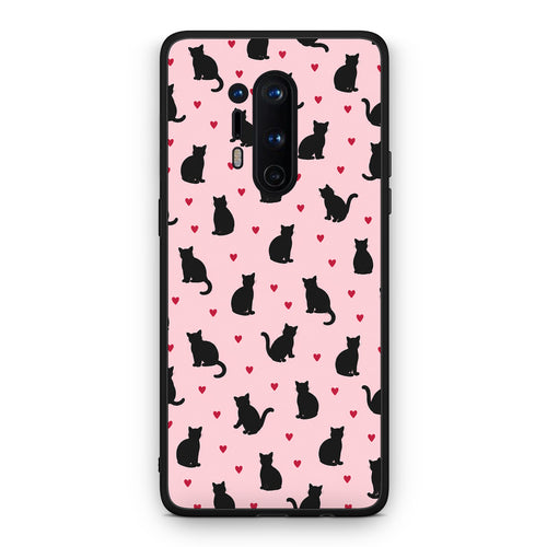 Θήκη OnePlus 8 Pro Black Cat Silhouettes and Hearts on Pink από τη Smartfits με σχέδιο στο πίσω μέρος και μαύρο περίβλημα | OnePlus 8 Pro Black Cat Silhouettes and Hearts on Pink case with colorful back and black bezels