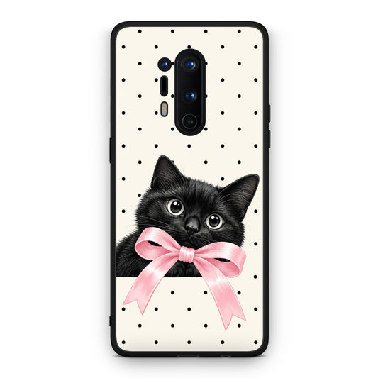 Θήκη OnePlus 8 Pro Black Kitten Pink Bow and Polka Dots από τη Smartfits με σχέδιο στο πίσω μέρος και μαύρο περίβλημα | OnePlus 8 Pro Black Kitten Pink Bow and Polka Dots case with colorful back and black bezels