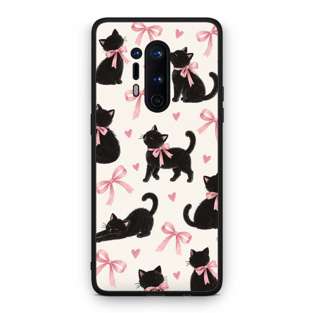 Θήκη OnePlus 8 Pro Black Kittens and Pink Bows on Cream Large από τη Smartfits με σχέδιο στο πίσω μέρος και μαύρο περίβλημα | OnePlus 8 Pro Black Kittens and Pink Bows on Cream Large case with colorful back and black bezels