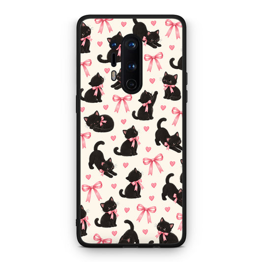 Θήκη OnePlus 8 Pro Black Kittens and Pink Bows on Cream Small από τη Smartfits με σχέδιο στο πίσω μέρος και μαύρο περίβλημα | OnePlus 8 Pro Black Kittens and Pink Bows on Cream Small case with colorful back and black bezels