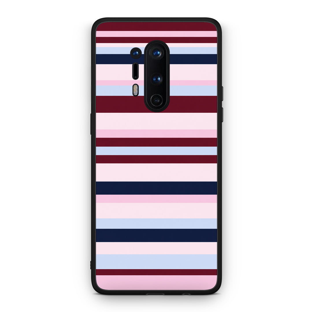 Θήκη OnePlus 8 Pro Burgundy Pink and Blue Horizontal Stripes από τη Smartfits με σχέδιο στο πίσω μέρος και μαύρο περίβλημα | OnePlus 8 Pro Burgundy Pink and Blue Horizontal Stripes case with colorful back and black bezels