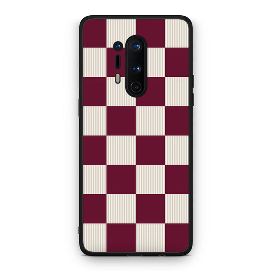 Θήκη OnePlus 8 Pro Burgundy and Cream Striped Checks από τη Smartfits με σχέδιο στο πίσω μέρος και μαύρο περίβλημα | OnePlus 8 Pro Burgundy and Cream Striped Checks case with colorful back and black bezels