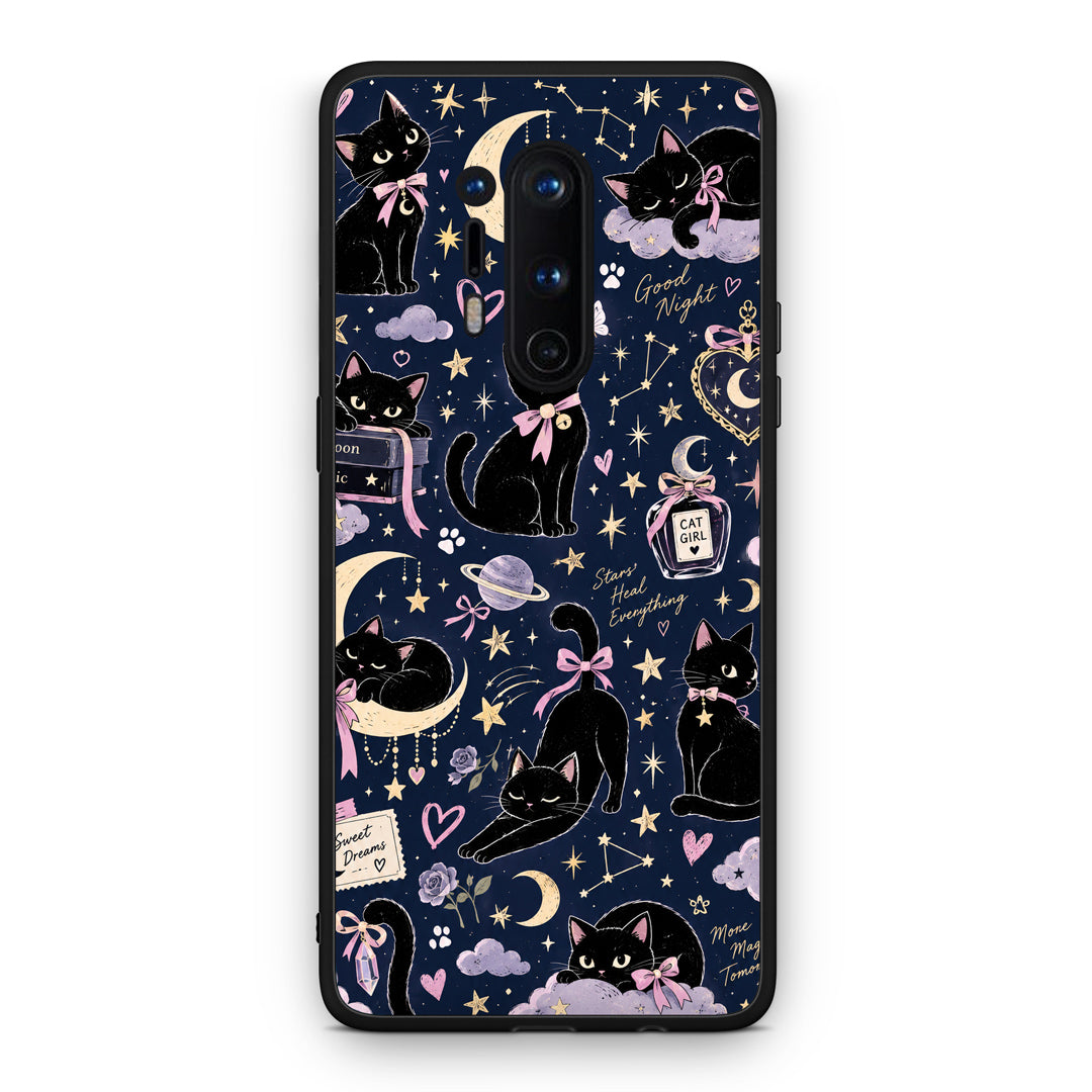 Θήκη OnePlus 8 Pro Celestial Black Cats on Navy από τη Smartfits με σχέδιο στο πίσω μέρος και μαύρο περίβλημα | OnePlus 8 Pro Celestial Black Cats on Navy case with colorful back and black bezels