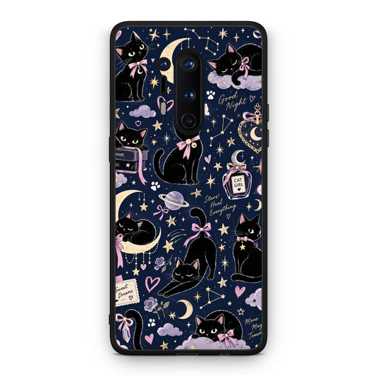 Θήκη OnePlus 8 Pro Celestial Black Cats on Navy από τη Smartfits με σχέδιο στο πίσω μέρος και μαύρο περίβλημα | OnePlus 8 Pro Celestial Black Cats on Navy case with colorful back and black bezels