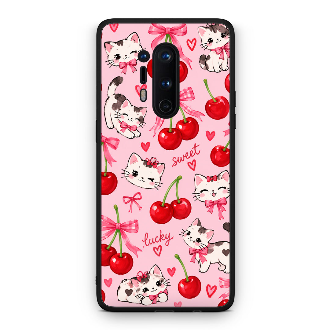 Θήκη OnePlus 8 Pro Cherries Bows and Kittens on Pink από τη Smartfits με σχέδιο στο πίσω μέρος και μαύρο περίβλημα | OnePlus 8 Pro Cherries Bows and Kittens on Pink case with colorful back and black bezels