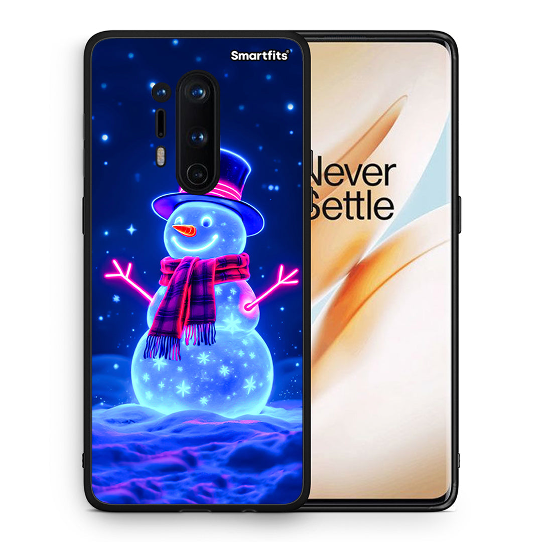 Θήκη OnePlus 8 Pro Christmas Neon Snowman από τη Smartfits με σχέδιο στο πίσω μέρος και μαύρο περίβλημα | OnePlus 8 Pro Christmas Neon Snowman case with colorful back and black bezels