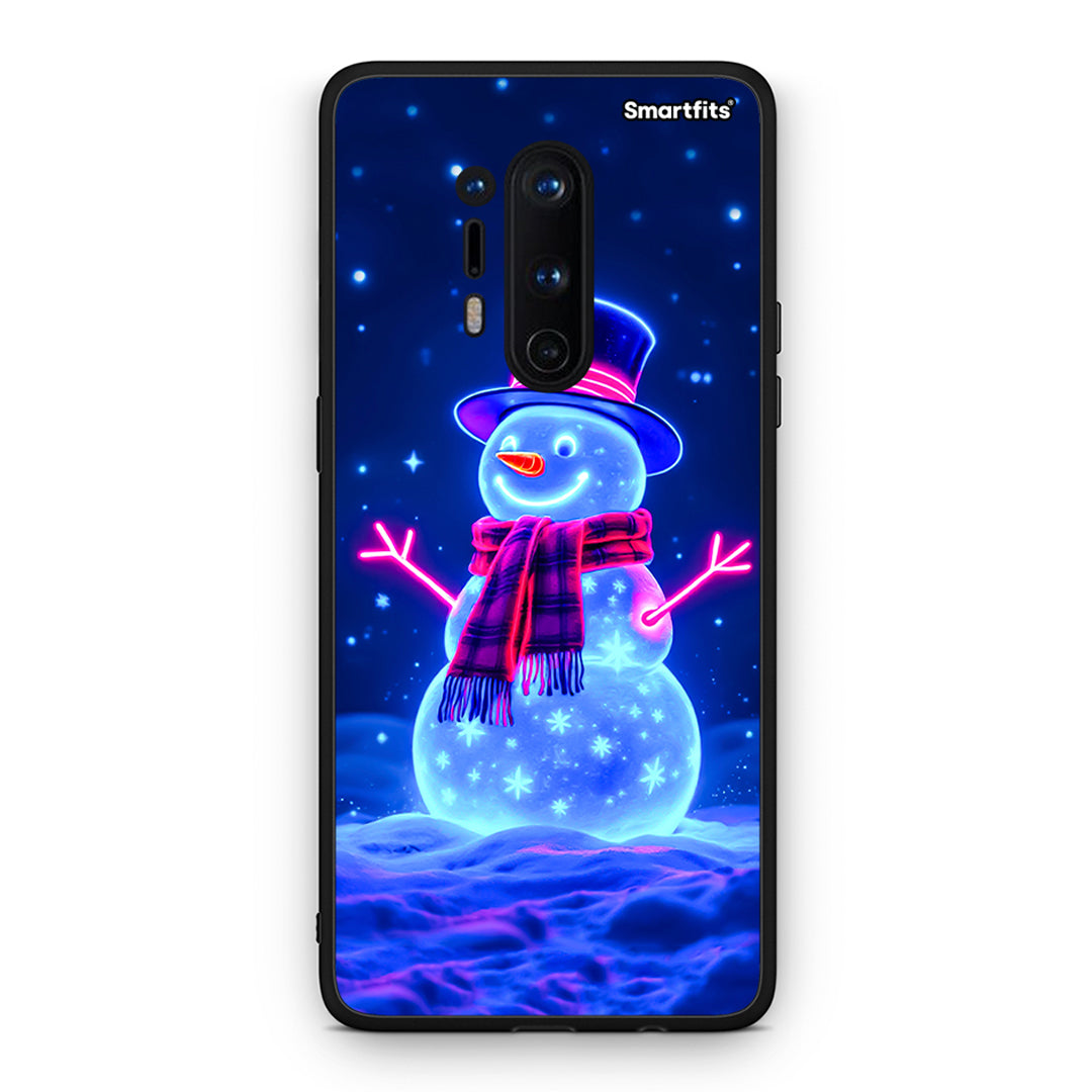 OnePlus 8 Pro Christmas Neon Snowman θήκη από τη Smartfits με σχέδιο στο πίσω μέρος και μαύρο περίβλημα | Smartphone case with colorful back and black bezels by Smartfits