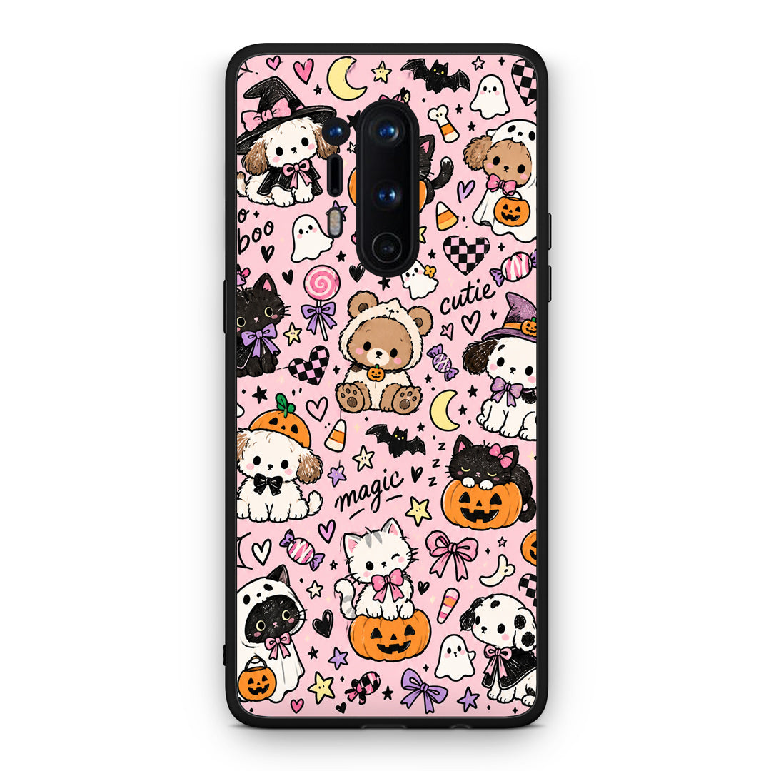 Θήκη OnePlus 8 Pro Halloween Cute Animals on Pink από τη Smartfits με σχέδιο στο πίσω μέρος και μαύρο περίβλημα | OnePlus 8 Pro Halloween Cute Animals on Pink case with colorful back and black bezels