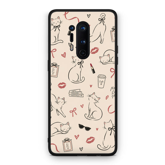 Θήκη OnePlus 8 Pro Minimal Cat and Fashion Doodles on Cream από τη Smartfits με σχέδιο στο πίσω μέρος και μαύρο περίβλημα | OnePlus 8 Pro Minimal Cat and Fashion Doodles on Cream case with colorful back and black bezels