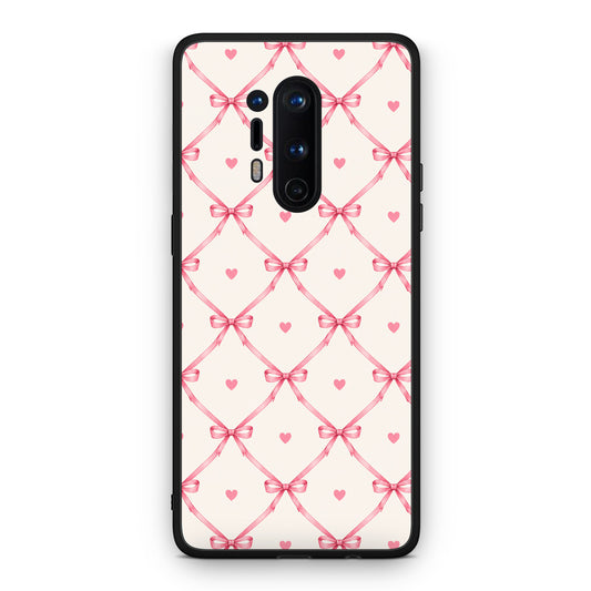 Θήκη OnePlus 8 Pro Pink Bow Lattice and Hearts on Cream από τη Smartfits με σχέδιο στο πίσω μέρος και μαύρο περίβλημα | OnePlus 8 Pro Pink Bow Lattice and Hearts on Cream case with colorful back and black bezels