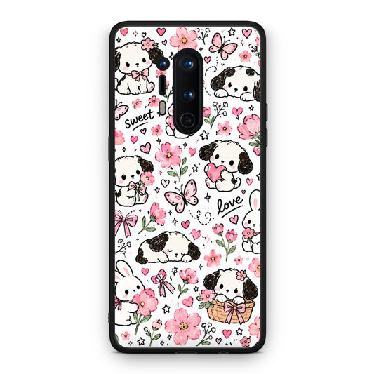 Θήκη OnePlus 8 Pro Pink Florals Puppies and Bunnies on White από τη Smartfits με σχέδιο στο πίσω μέρος και μαύρο περίβλημα | OnePlus 8 Pro Pink Florals Puppies and Bunnies on White case with colorful back and black bezels