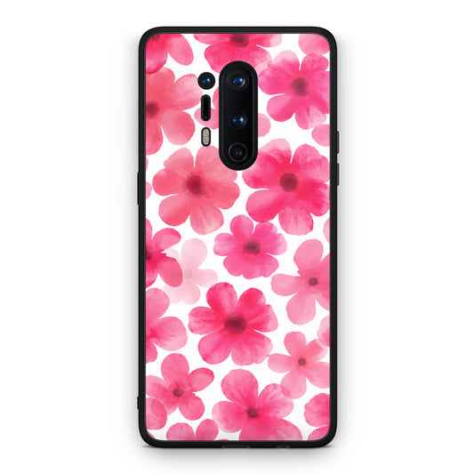 Θήκη OnePlus 8 Pro Pink Watercolour Flowers on White από τη Smartfits με σχέδιο στο πίσω μέρος και μαύρο περίβλημα | OnePlus 8 Pro Pink Watercolour Flowers on White case with colorful back and black bezels