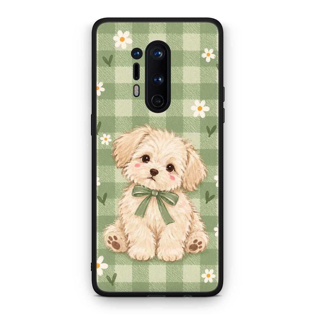 Θήκη OnePlus 8 Pro Puppy and Daisies on Sage Gingham από τη Smartfits με σχέδιο στο πίσω μέρος και μαύρο περίβλημα | OnePlus 8 Pro Puppy and Daisies on Sage Gingham case with colorful back and black bezels