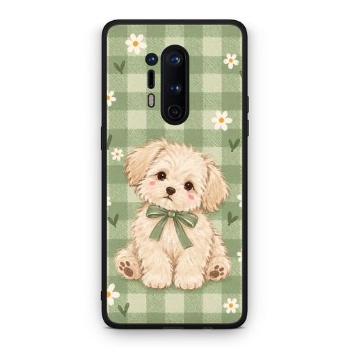 Θήκη OnePlus 8 Pro Puppy and Daisies on Sage Gingham από τη Smartfits με σχέδιο στο πίσω μέρος και μαύρο περίβλημα | OnePlus 8 Pro Puppy and Daisies on Sage Gingham case with colorful back and black bezels