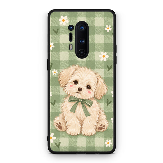 Θήκη OnePlus 8 Pro Puppy and Daisies on Sage Gingham από τη Smartfits με σχέδιο στο πίσω μέρος και μαύρο περίβλημα | OnePlus 8 Pro Puppy and Daisies on Sage Gingham case with colorful back and black bezels