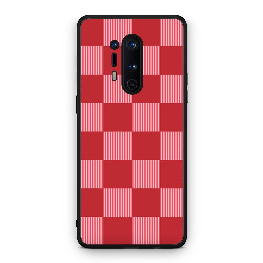 Θήκη OnePlus 8 Pro Red and Pink Striped Checks από τη Smartfits με σχέδιο στο πίσω μέρος και μαύρο περίβλημα | OnePlus 8 Pro Red and Pink Striped Checks case with colorful back and black bezels