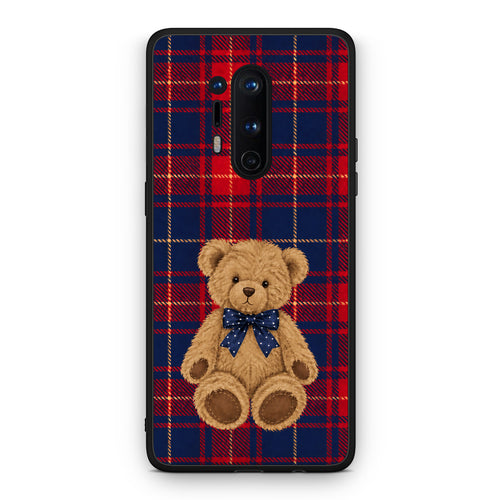 Θήκη OnePlus 8 Pro Teddy Bear on Red and Navy Tartan από τη Smartfits με σχέδιο στο πίσω μέρος και μαύρο περίβλημα | OnePlus 8 Pro Teddy Bear on Red and Navy Tartan case with colorful back and black bezels