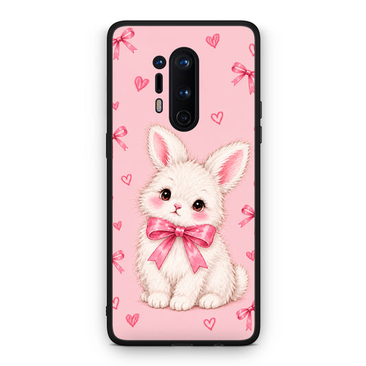 Θήκη OnePlus 8 Pro White Bunny and Pink Bows από τη Smartfits με σχέδιο στο πίσω μέρος και μαύρο περίβλημα | OnePlus 8 Pro White Bunny and Pink Bows case with colorful back and black bezels