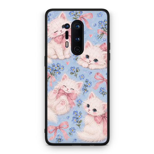Θήκη OnePlus 8 Pro White Kittens and Blue Flowers Large από τη Smartfits με σχέδιο στο πίσω μέρος και μαύρο περίβλημα | OnePlus 8 Pro White Kittens and Blue Flowers Large case with colorful back and black bezels