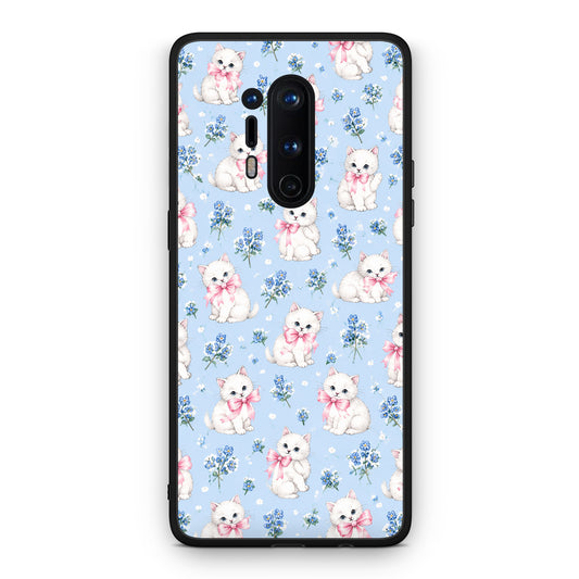 Θήκη OnePlus 8 Pro White Kittens and Blue Flowers Small από τη Smartfits με σχέδιο στο πίσω μέρος και μαύρο περίβλημα | OnePlus 8 Pro White Kittens and Blue Flowers Small case with colorful back and black bezels