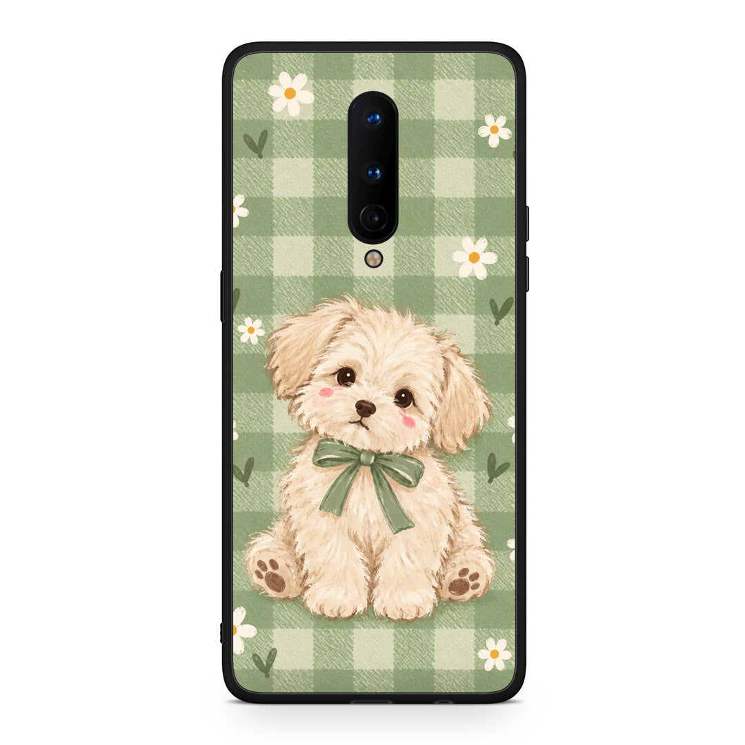 Θήκη OnePlus 8 Puppy and Daisies on Sage Gingham από τη Smartfits με σχέδιο στο πίσω μέρος και μαύρο περίβλημα | OnePlus 8 Puppy and Daisies on Sage Gingham case with colorful back and black bezels