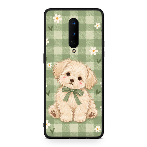 Θήκη OnePlus 8 Puppy and Daisies on Sage Gingham από τη Smartfits με σχέδιο στο πίσω μέρος και μαύρο περίβλημα | OnePlus 8 Puppy and Daisies on Sage Gingham case with colorful back and black bezels