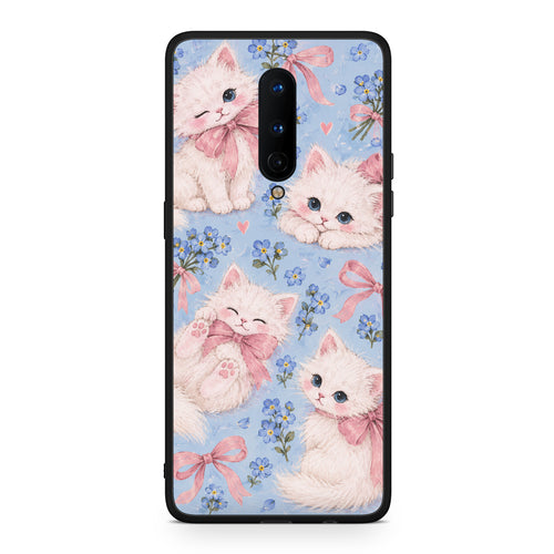 Θήκη OnePlus 8 White Kittens and Blue Flowers Large από τη Smartfits με σχέδιο στο πίσω μέρος και μαύρο περίβλημα | OnePlus 8 White Kittens and Blue Flowers Large case with colorful back and black bezels