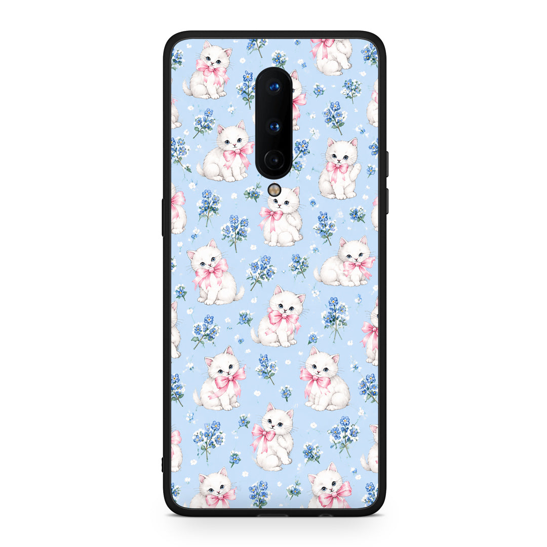 Θήκη OnePlus 8 White Kittens and Blue Flowers Small από τη Smartfits με σχέδιο στο πίσω μέρος και μαύρο περίβλημα | OnePlus 8 White Kittens and Blue Flowers Small case with colorful back and black bezels