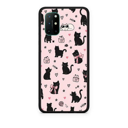 Θήκη OnePlus 8T Black Cat Doodles on Pink από τη Smartfits με σχέδιο στο πίσω μέρος και μαύρο περίβλημα | OnePlus 8T Black Cat Doodles on Pink case with colorful back and black bezels