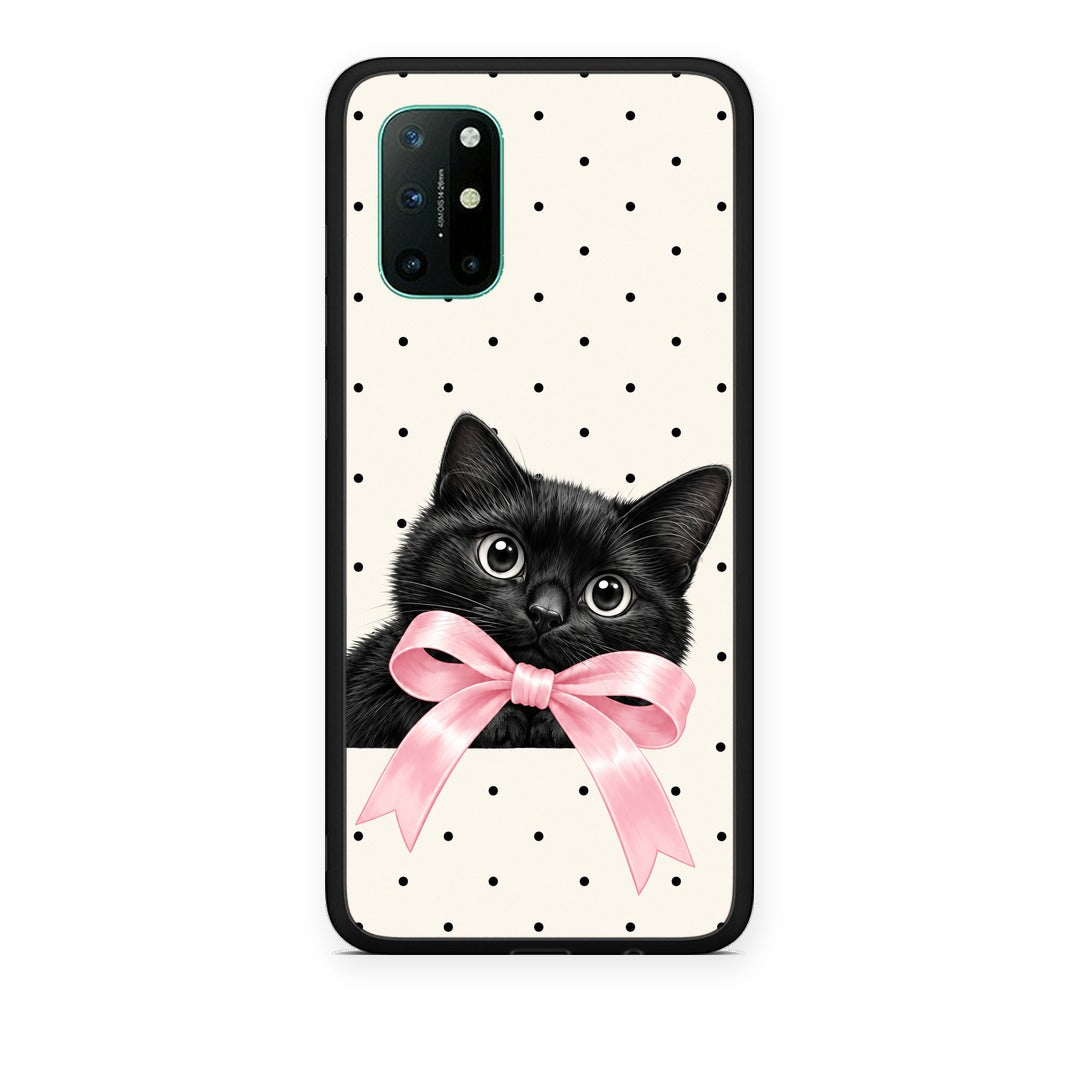 Θήκη OnePlus 8T Black Kitten Pink Bow and Polka Dots από τη Smartfits με σχέδιο στο πίσω μέρος και μαύρο περίβλημα | OnePlus 8T Black Kitten Pink Bow and Polka Dots case with colorful back and black bezels