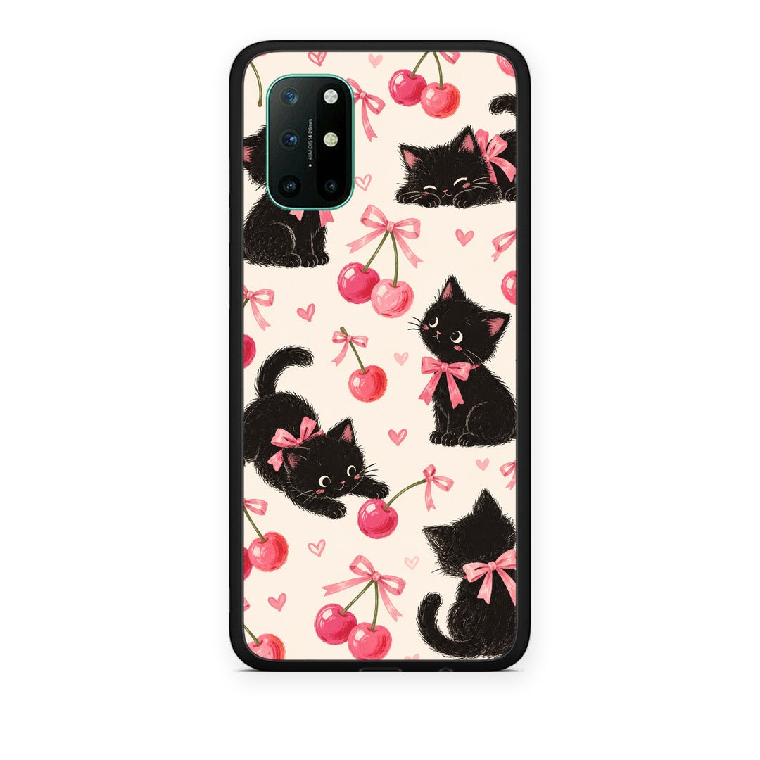 Θήκη OnePlus 8T Black Kittens and Cherries on Cream από τη Smartfits με σχέδιο στο πίσω μέρος και μαύρο περίβλημα | OnePlus 8T Black Kittens and Cherries on Cream case with colorful back and black bezels