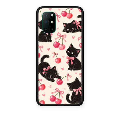 Θήκη OnePlus 8T Black Kittens and Cherries on Cream από τη Smartfits με σχέδιο στο πίσω μέρος και μαύρο περίβλημα | OnePlus 8T Black Kittens and Cherries on Cream case with colorful back and black bezels