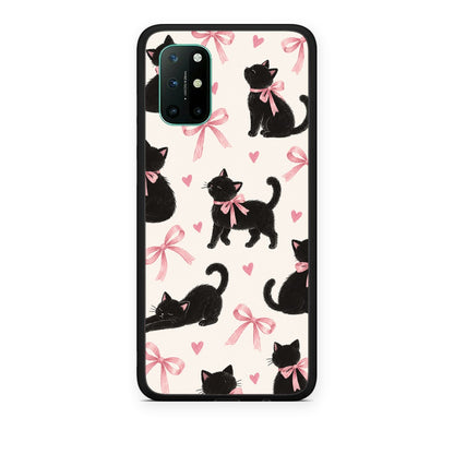 Θήκη OnePlus 8T Black Kittens and Pink Bows on Cream Large από τη Smartfits με σχέδιο στο πίσω μέρος και μαύρο περίβλημα | OnePlus 8T Black Kittens and Pink Bows on Cream Large case with colorful back and black bezels