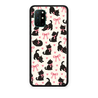 Θήκη OnePlus 8T Black Kittens and Pink Bows on Cream Small από τη Smartfits με σχέδιο στο πίσω μέρος και μαύρο περίβλημα | OnePlus 8T Black Kittens and Pink Bows on Cream Small case with colorful back and black bezels