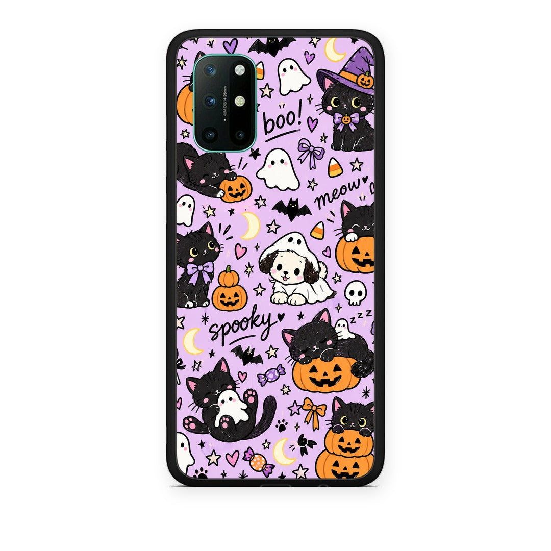 Θήκη OnePlus 8T Halloween Black Cats on Lilac από τη Smartfits με σχέδιο στο πίσω μέρος και μαύρο περίβλημα | OnePlus 8T Halloween Black Cats on Lilac case with colorful back and black bezels