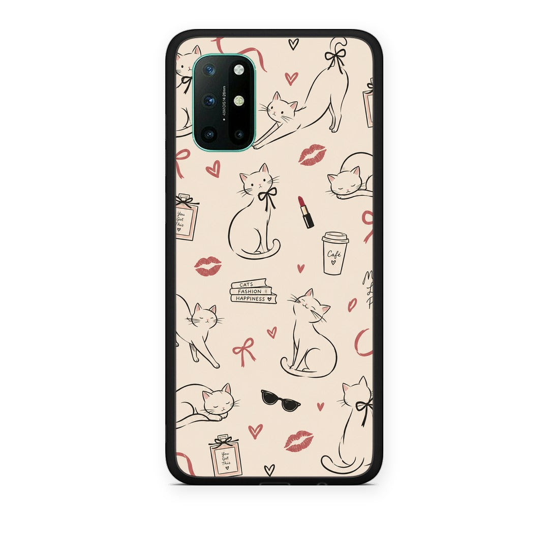 Θήκη OnePlus 8T Minimal Cat and Fashion Doodles on Cream από τη Smartfits με σχέδιο στο πίσω μέρος και μαύρο περίβλημα | OnePlus 8T Minimal Cat and Fashion Doodles on Cream case with colorful back and black bezels