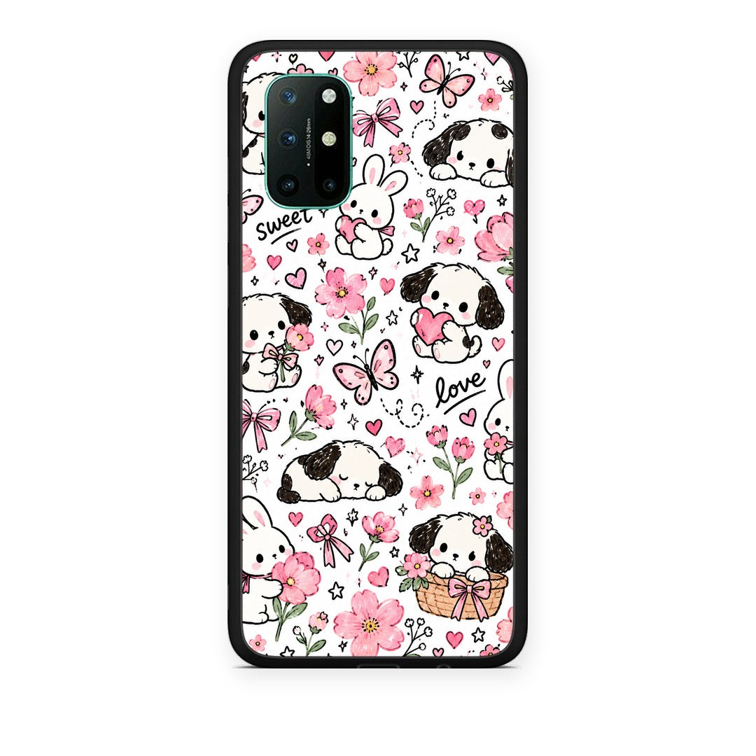 Θήκη OnePlus 8T Pink Florals Puppies and Bunnies on White από τη Smartfits με σχέδιο στο πίσω μέρος και μαύρο περίβλημα | OnePlus 8T Pink Florals Puppies and Bunnies on White case with colorful back and black bezels