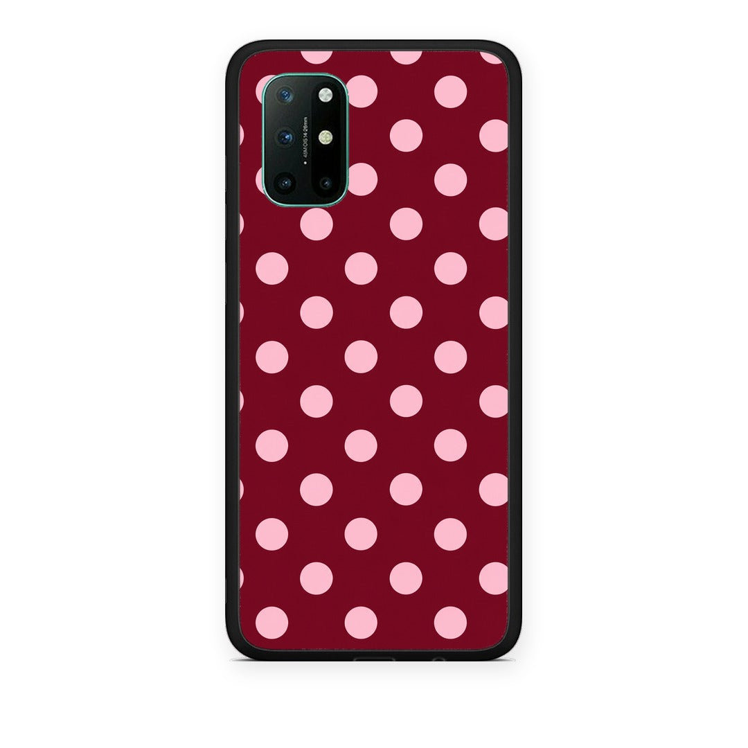 Θήκη OnePlus 8T Pink Polka Dots on Burgundy από τη Smartfits με σχέδιο στο πίσω μέρος και μαύρο περίβλημα | OnePlus 8T Pink Polka Dots on Burgundy case with colorful back and black bezels