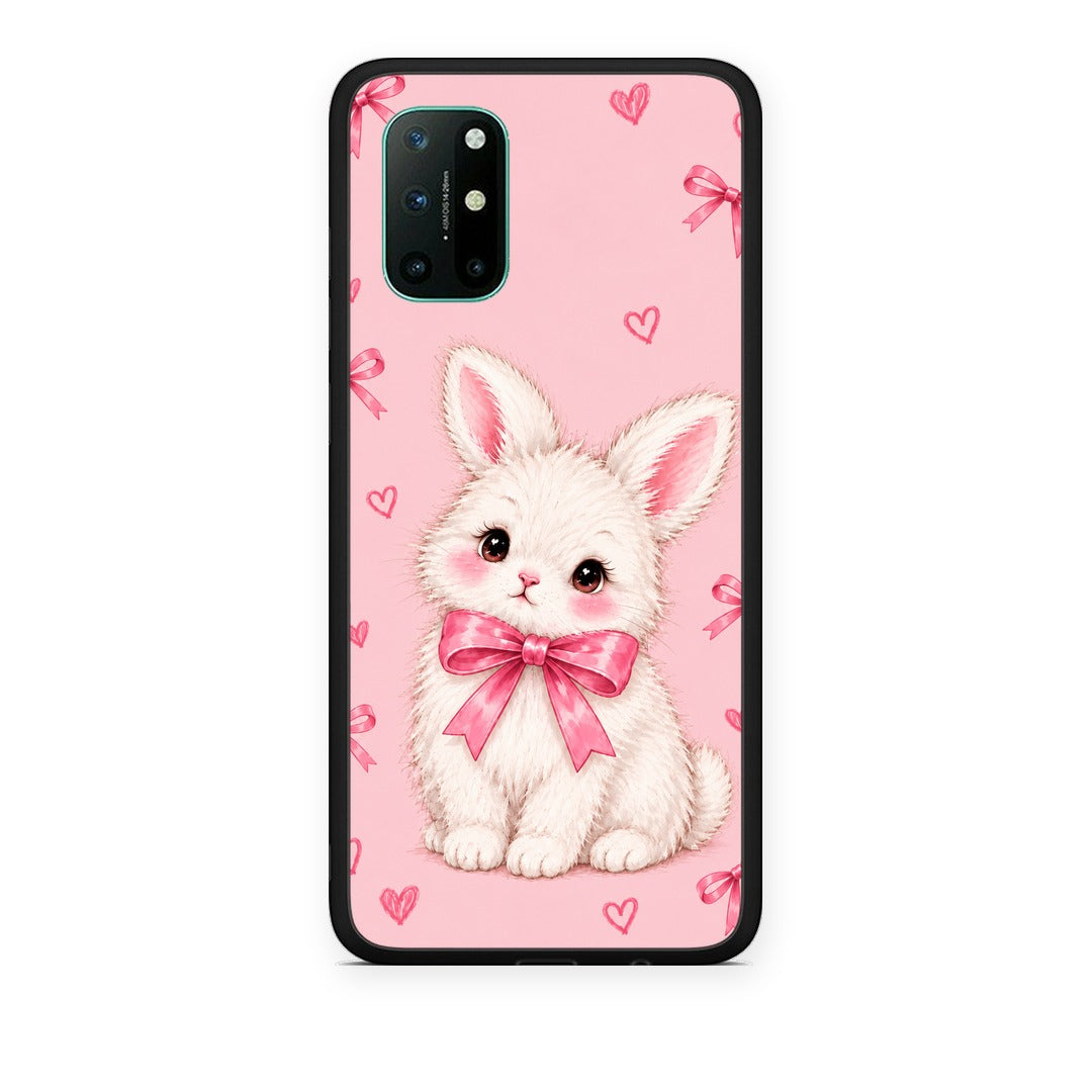 Θήκη OnePlus 8T White Bunny and Pink Bows από τη Smartfits με σχέδιο στο πίσω μέρος και μαύρο περίβλημα | OnePlus 8T White Bunny and Pink Bows case with colorful back and black bezels