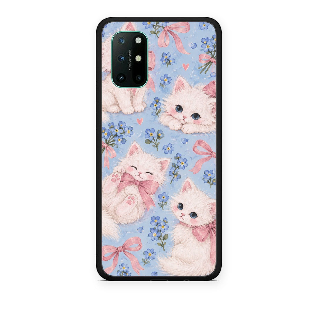 Θήκη OnePlus 8T White Kittens and Blue Flowers Large από τη Smartfits με σχέδιο στο πίσω μέρος και μαύρο περίβλημα | OnePlus 8T White Kittens and Blue Flowers Large case with colorful back and black bezels