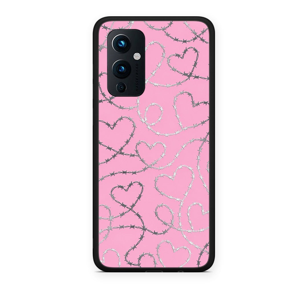 Θήκη OnePlus 9 Barbed Wire Hearts on Pink από τη Smartfits με σχέδιο στο πίσω μέρος και μαύρο περίβλημα | OnePlus 9 Barbed Wire Hearts on Pink case with colorful back and black bezels