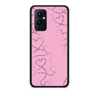 Θήκη OnePlus 9 Barbed Wire Hearts on Pink από τη Smartfits με σχέδιο στο πίσω μέρος και μαύρο περίβλημα | OnePlus 9 Barbed Wire Hearts on Pink case with colorful back and black bezels